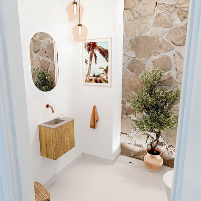 Mondiaz JOYA-DLUX 40cm toiletmeubel - kleur Oak - Wastafel FAYE positie Links Zonder kraangat kleur Saba.