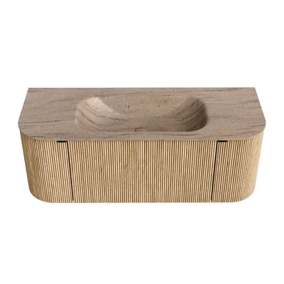 MONDIAZ KURVE-DLUX 120cm badmeubel ronding Links + Rechts kleur Oak met 1 lade en 2 deuren. Wastafel BIG SMALL Midden 1 kraangat Saba.