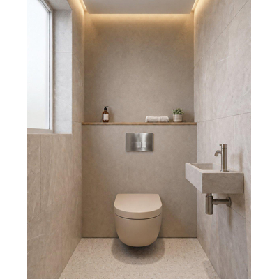 QeramiQ Dely Toiletset - 36.3x51.7cm - diepspoel - rimless - Geberit UP320 inbouwreservoir - softclose toilet zitting - 35mm - steel bedieningsplaat - rechthoekige knoppen - mat beige