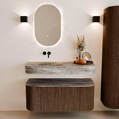 MONDIAZ THOR-DLUX 110cm badmeubel ronding links + rechts kleur Walnut met 1 lade en 2 deuren. Vrijhangende wastafel CLOUD Links zonder kraangat kleur Oza.