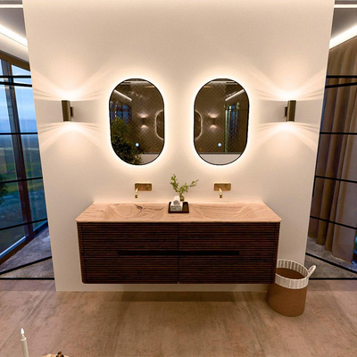 Mondiaz CIRO-DLUX Meuble de salle de bains - 150x45x50cm - plan vasque solid surface Arena - 2 vasques double - sans trous de robinetterie - 4 tiroirs - Noyer