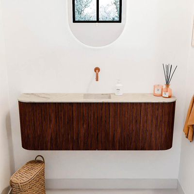 Mondiaz JOYA-DLUX 123.2cm toiletmeubel - ronding links en rechts kleur Ruby - Wastafel FAYE positie Midden Zonder kraangat kleur Frappe.