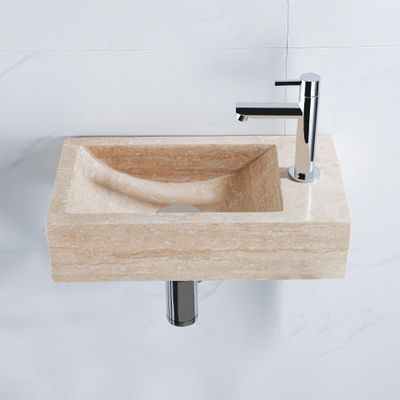 Saniclass Fuente Ensemble fontaine - 40x22x10cm - trou de robinet à droite - robinet de fontaine chrome - bouchon de vidange - siphon bas - pierre naturelle marbrée