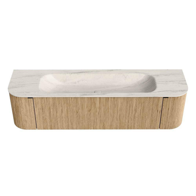MONDIAZ KURVE-DLUX 170cm badmeubel ronding Links + Rechts kleur Oak met 1 lade en 2 deuren. Wastafel BIG LARGE Midden zonder kraangat Meli.