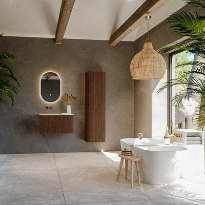 MONDIAZ KURVE-DLUX Meuble de salle de bains 75cm arrondi Droite couleur Walnut avec 1 tiroir et 1 porte. Lavabo GRUNNE Gauche sans trou de robinet Meli.