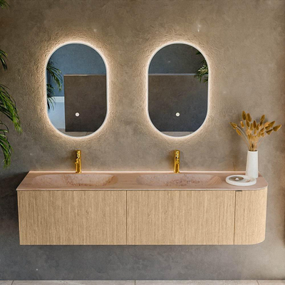 MONDIAZ KURVE-DLUX 175cm badmeubel ronding Rechts kleur Oak met 2 lades en 1 deur. Wastafel STOR SMALL Dubbel / Links 2 kraangaten Saba.