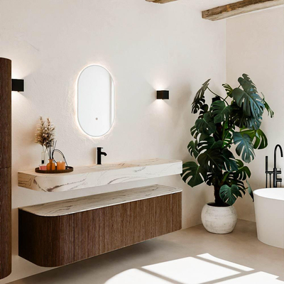 MONDIAZ THOR-DLUX 170cm meuble de salle de bains arrondi gauche + droite couleur Walnut avec 1 tiroir et 2 portes. Vasque suspendue CLOUD Milieu 1 trou de robinet couleur Nata.