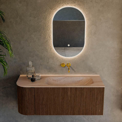 MONDIAZ KURVE-DLUX Meuble de salle de bains 115cm arrondi à gauche couleur Walnut avec 1 tiroir et 1 porte. Lavabo BIG SMALL à droite sans trou de robinet Saba.