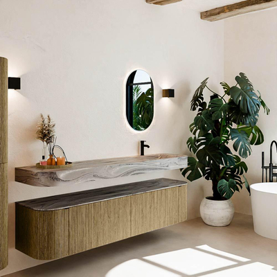 MONDIAZ THOR-DLUX Meuble de salle de bains 190cm arrondi gauche + droite couleur Dusk avec 2 tiroirs et 2 portes. Vasque suspendue CLOUD Droite 1 trou de robinet couleur Sombra.