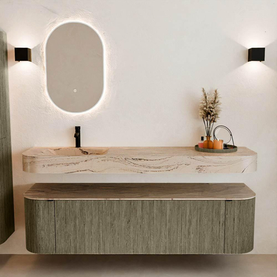 MONDIAZ THOR-DLUX 170cm meuble de salle de bains arrondi gauche + droite couleur Shadow avec 1 tiroir et 2 portes. Vasque suspendue CLOUD Gauche 1 trou de robinet couleur Arena.