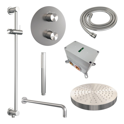 BRAUER Stripe Thermostatische Inbouw Regendouche - 3-weg - rond - 25cm douchekop - gebogen muurarm - staaf handdouche - doucheslang - geïntegreerde glijstang - RVS-kleurig geborsteld PVD