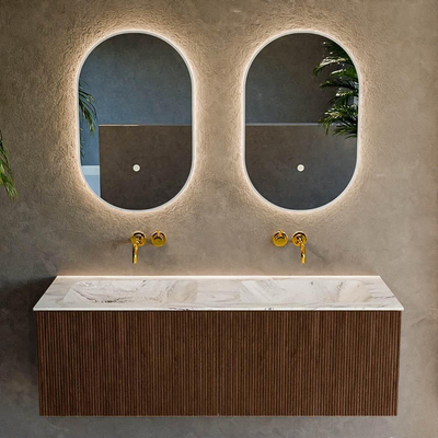 MONDIAZ KURVE-DLUX 130cm badmeubel kleur Walnut met 2 lades. Wastafel LEAF dubbel zonder kraangat kleur Glace.