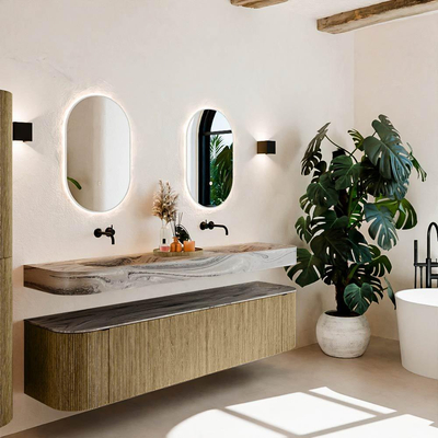 MONDIAZ THOR-DLUX 190cm meuble de salle de bains arrondi gauche + droite couleur Dusk avec 2 tiroirs et 2 portes. Vasque suspendue CLOUD Double sans trou de robinet couleur Sombra.