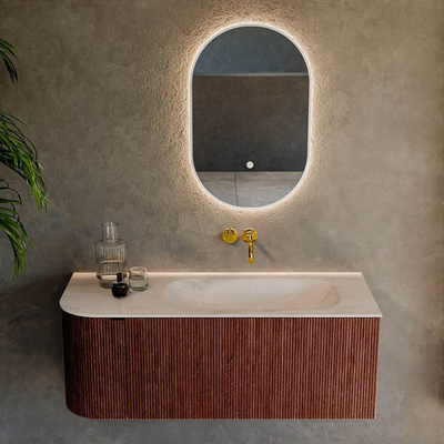 MONDIAZ KURVE-DLUX 115cm badmeubel ronding Links kleur Ruby met 1 lade en 1 deur. Wastafel BIG SMALL Rechts zonder kraangat Meli.