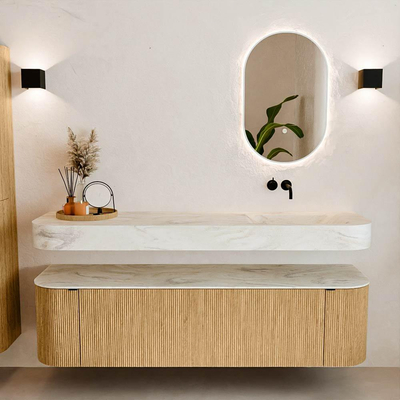 MONDIAZ THOR-DLUX 170cm meuble de salle de bains arrondi gauche + droite couleur Oak avec 1 tiroir et 2 portes. Vasque suspendue CLOUD Droite sans trou de robinet couleur Ostra.