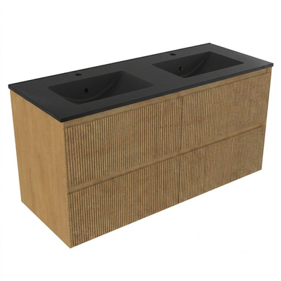 Saniclass Holz Atelier Ensemble meuble de salle de bains - 120x45x62cm - Lavabo Vygo en céramique noir - 2 vasques - 2 trous de robinetterie - 2 tiroirs - chêne natural mat (bois)