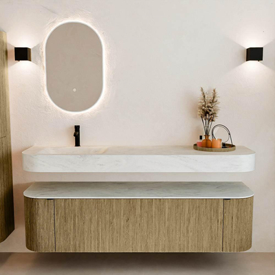 MONDIAZ THOR-DLUX Meuble de salle de bains 170cm arrondi gauche + droite couleur Dusk avec 1 tiroir et 2 portes. Vasque suspendue CLOUD Gauche 1 trou de robinet couleur Opalo.