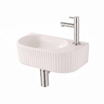 QeramiQ Fuente Fontein - 40x22x12cm - ribbel - halfrond - fonteinkraangat rechts - keramiek - fonteinkraan geborsteld RVS - verlaagd sifon - afvoerplug - linnen