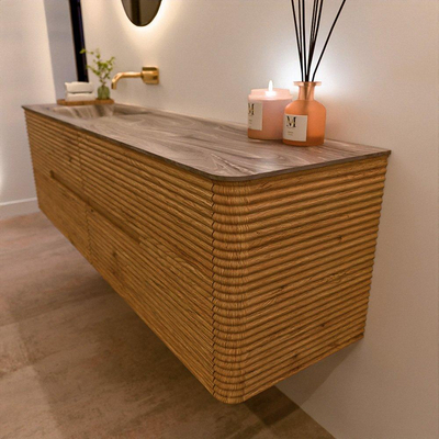 Mondiaz CIRO-DLUX Badkamermeubelset - 170x45x50cm - Solid surface wastafel Sombra - 1 wasbak Links - zonder kraangaten - 4 lades - Oak