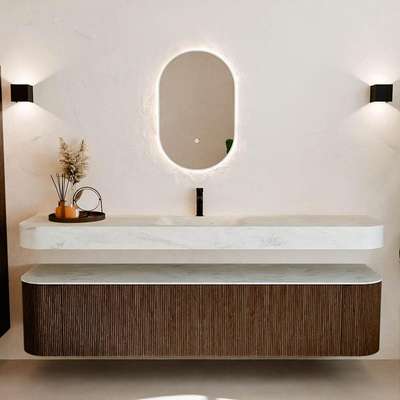 MONDIAZ THOR-DLUX 200cm badmeubel ronding links + rechts kleur Walnut met 2 lades en 2 deuren. Vrijhangende wastafel CLOUD Midden 1 kraangat kleur Opalo.