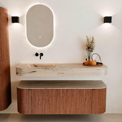 MONDIAZ THOR-DLUX 140cm meuble de salle de bains arrondi gauche + droite couleur Ruby avec 1 tiroir et 2 portes. Vasque suspendue CLOUD Gauche sans trou de robinet couleur Arena.