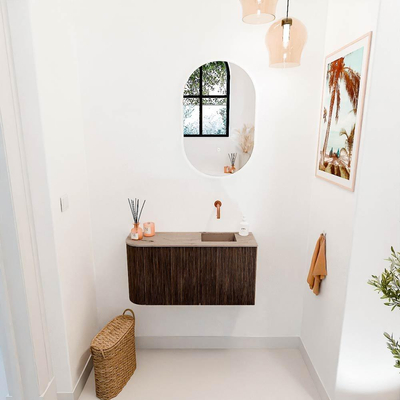 Mondiaz JOYA-DLUX 81.6cm toiletmeubel - ronding links kleur Walnut - Wastafel FAYE positie Rechts Zonder kraangat kleur Arena.