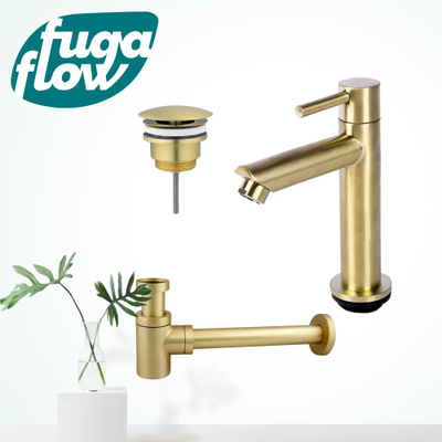 FugaFlow Eccelente Sobrado Badkamer fonteinkraanset met staande fonteinkraan laag, always open plug en design sifon PVD Geborsteld Messing