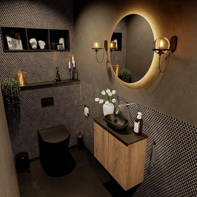 Mondiaz Fowy Meuble de toilette - 60x50x23cm - chêne blanchi mat - 0 trous de robinet - lavabo centré - 2 portes - solid surface - plan Mélamine - lavabo : noir
