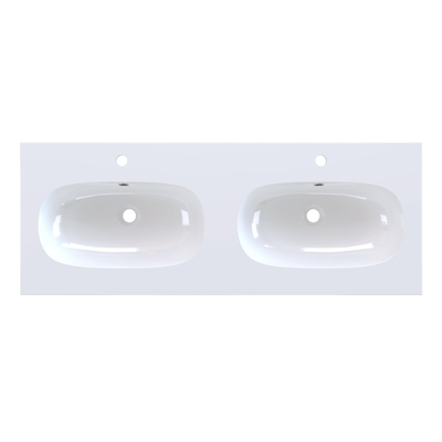 Arcqua Oval Lavabo encastré - 121x46x1.5cm - double vasque - 2 trous de robinet - marbre de synthèse - blanc brillant