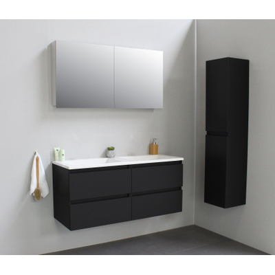 Basic Bella Meuble salle de bains avec lavabo acrylique Blanc avec armoire toilette 2 portes gris 120x55x46cm sans trous de robinet Noir mat
