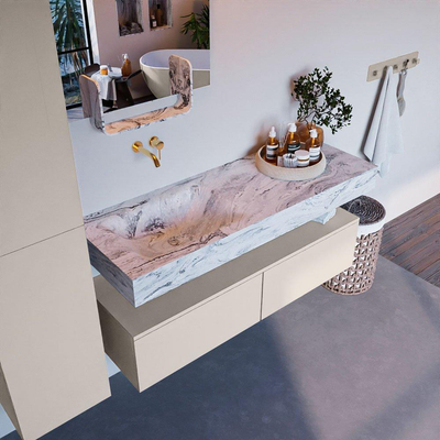 MONDIAZ ALAN - DLUX Ensemble de meubles de salle de bains - 130cm - meuble bas - Linen - 2 tiroirs - lavabo suspendu - vasque à gauche - 0 trous de robinet - Glace