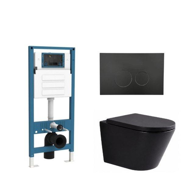 QeramiQ Dely Ensemble de toilette - réservoir encastré Qeramiq Flush - abattant 35mm - plaque de commande noire mate en métal - boutons ronds - noir mat