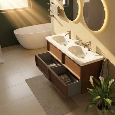 Saniclass Holz Frame Ensemble meuble de salle de bains - 140x45x63.5cm - lavabo en céramique Palermo blanc - 2 vasques - 2 trous de robinetterie - 4 tiroirs - walnut pure mat (bois)