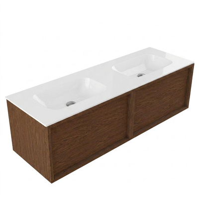 Saniclass Holz Frame Ensemble de meubles de salle de bains - 140x45x41.5cm - Flow lavabo en solid surface blanc - 2 vasques - sans trous de robinetterie - 2 tiroirs - noyer pure mat (bois)