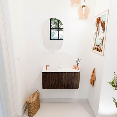 Mondiaz JOYA 81.6cm toiletmeubel - ronding rechts kleur Walnut - Wastafel FAYE positie Links 1 kraangat kleur Talc.