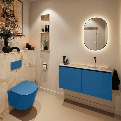 MONDIAZ TURE-DLUX Meuble toilette - 100cm - Jeans - EDEN - vasque Frappe - position droite - sans trou de robinet