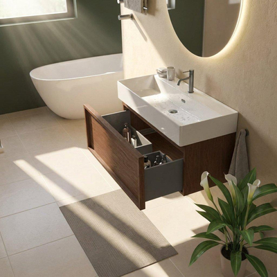 Saniclass Holz Frame Ensemble meuble de salle de bains - 100x45x52cm - Legend lavabo en céramique blanc - 1 vasque - 1 trou de robinet - 1 tiroir - mat walnut pure (bois)