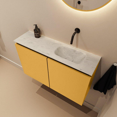 MONDIAZ TURE-DLUX meuble WC 80 cm Ocher. EDEN lavabo Opalo position droite. Sans trou de robinet.