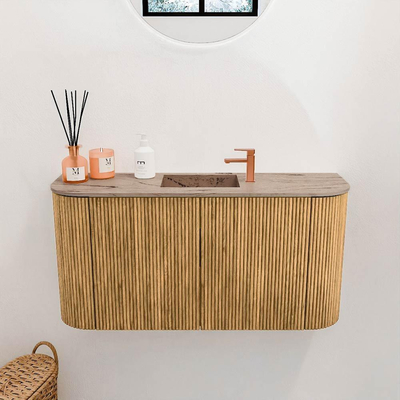 Mondiaz JOYA-DLUX 83.2cm toiletmeubel - ronding links en rechts kleur Oak - Wastafel FAYE positie Midden 1 kraangat kleur Arena.