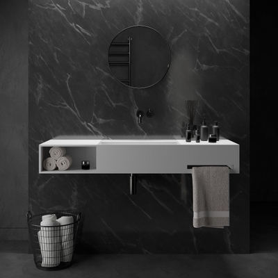 Ideavit Lavabo - 140x40x20cm - solid surface - angles intérieurs arrondis - porte-serviettes à droite - compartiment de rangement à gauche - cache-bonde carré - solid surface - blanc mat