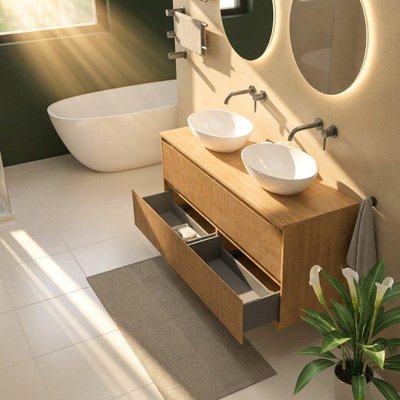 Saniclass Holz Atelier Ensemble de meubles de salle de bains - 140x45x62cm - plateau en bois - sans trou de robinet - 4 tiroirs - chêne naturel mat (bois)
