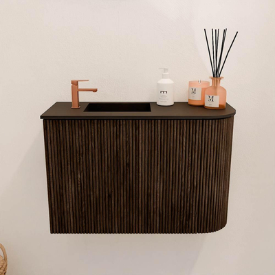 Mondiaz JOYA 61.6cm toiletmeubel - ronding rechts kleur Walnut - Wastafel FAYE positie Links 1 kraangat kleur Urban.