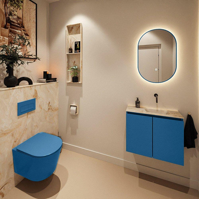 MONDIAZ TURE-DLUX Meuble toilette - 60cm - Jeans - EDEN - vasque Frappe - position droite - sans trou de robinet