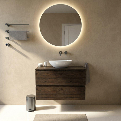 Saniclass Holz Pure Ensemble de meubles de salle de bains - 100x45x62cm - plan de travail en bois - sans trou de robinetterie - 2 tiroirs - chêne charcoal mat (bois)