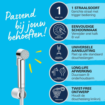 Grohe Vitalio Trigger Handdoucheset - 1 straalsoort - rond - met houder - gladde slang - 125cm - chroom