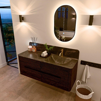 Mondiaz CIRO-DLUX Ensemble de meubles de salle de bains - 130x45x50cm - Lavabo solid surface Lava - 1 vasque à droite - 1 trou de robinet - 4 tiroirs - Noyer