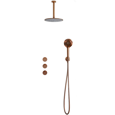Fortifura Nebbio Regendoucheset - inbouwkraan - inbouwdeel - wandaansluitbocht - doucheslang glad - ronde handdouche - 20cm plafondarm - 30cm - hoofddouche - PVD - geborsteld koper