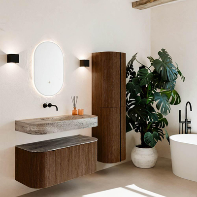 MONDIAZ THOR-DLUX 100cm meuble de salle de bains arrondi gauche + droite couleur Walnut avec 1 tiroir et 2 portes. Vasque suspendue CLOUD Milieu sans trou de robinet couleur Oza.