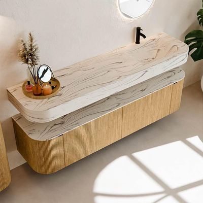 MONDIAZ THOR-DLUX 180cm badmeubel ronding links + rechts kleur Oak met 2 lades en 2 deuren. Vrijhangende wastafel CLOUD Rechts 1 kraangat kleur Nata.