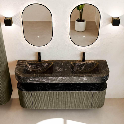 MONDIAZ THOR-DLUX 150cm badmeubel ronding links + rechts kleur Shadow met 1 lade en 2 deuren. Vrijhangende wastafel CLOUD Dubbel 2 kraangaten kleur Lava.